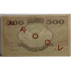 ESTONIA 1920 . FIVE HUNDRED 500 MARKA BANKNOTE . SPECIMEN